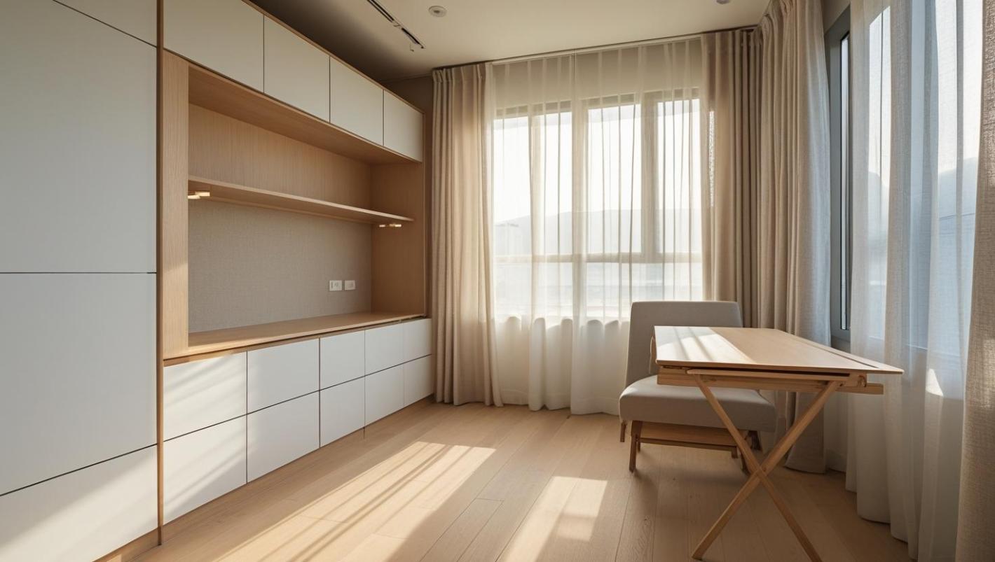 Modern Korean officetel room with light wood tones and minimalist soft decor.