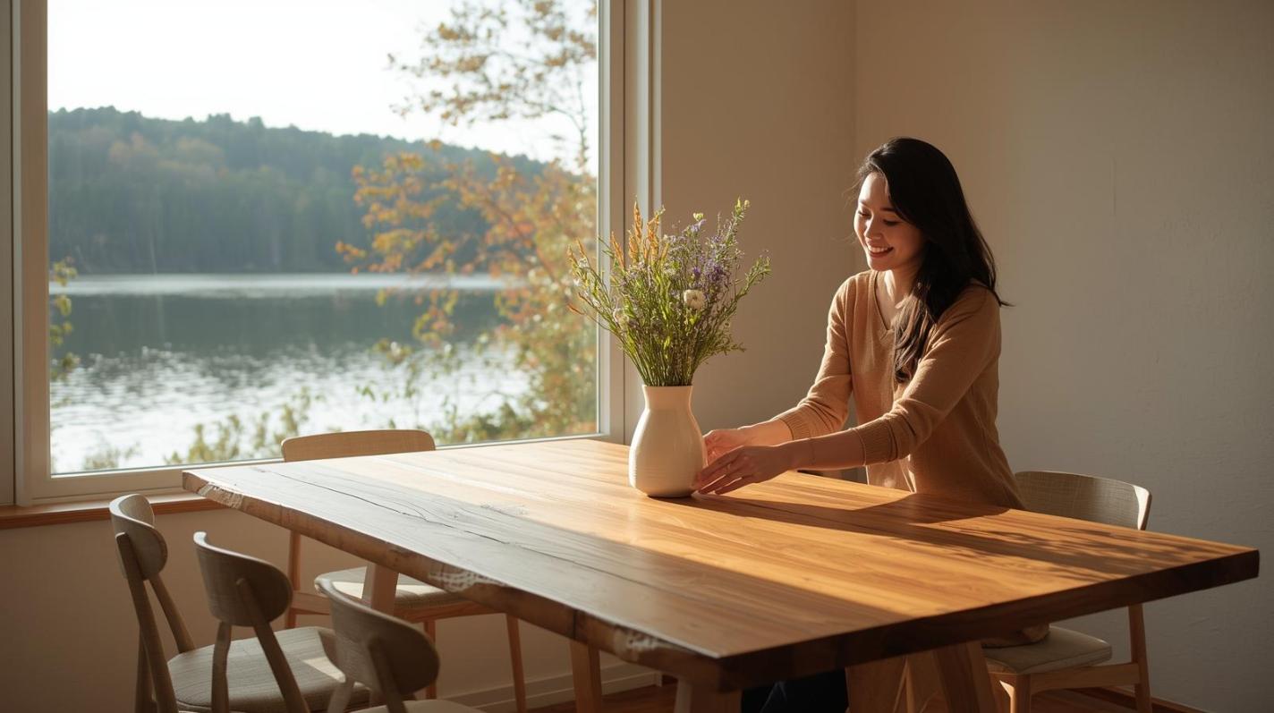 Man placing flowers on solid wood table by window overlooking peaceful lake.
