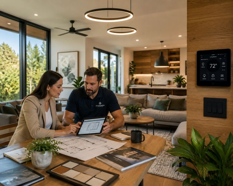 interior designer and electrical consultant reviewing digital plans